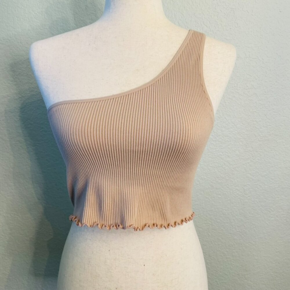 Spiritual Gangster Tan Beige Ribbed Stretch Luna One-Shoulder Crop Tank | M/L